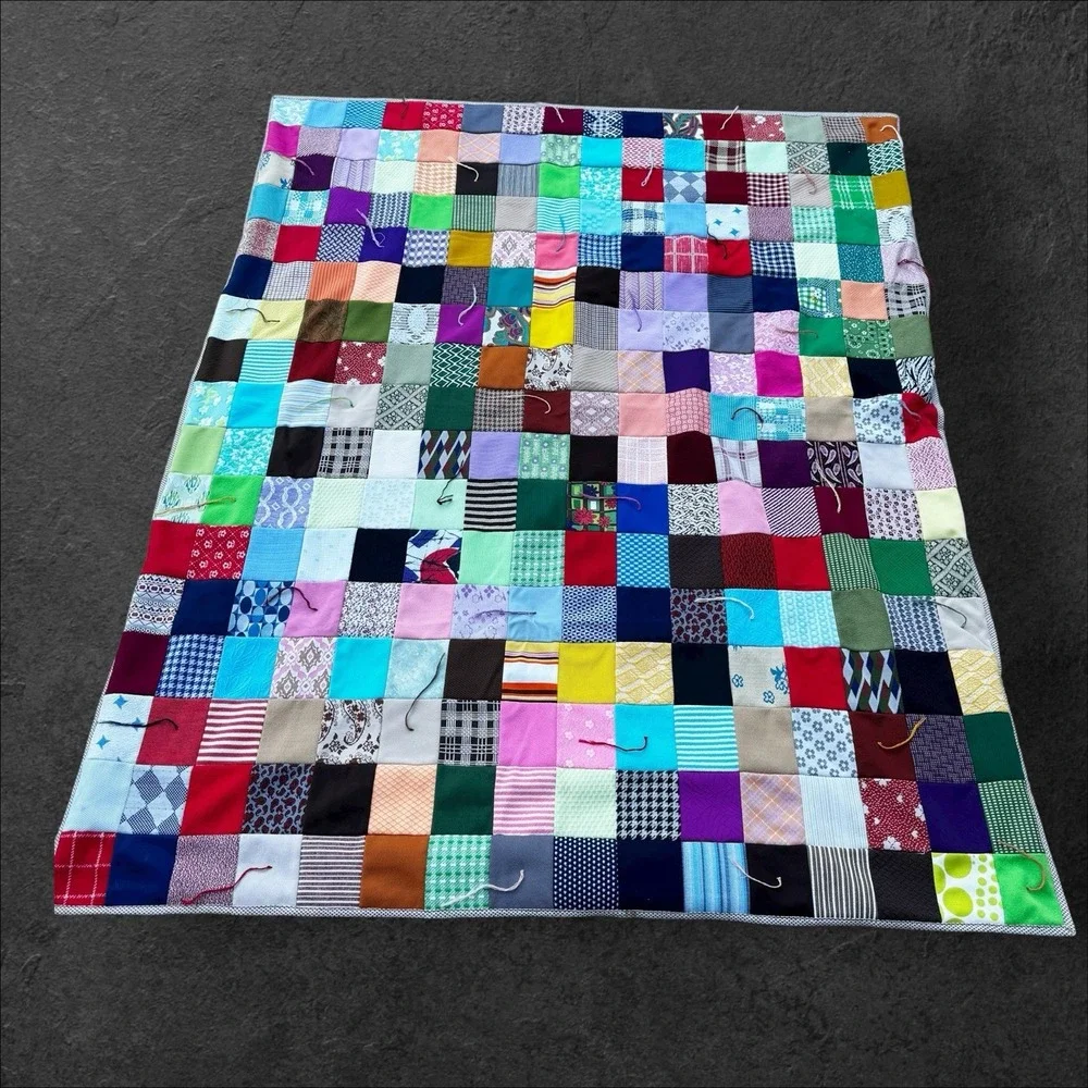 Vtg 1970's Polyester Double Knit‎ Handmade Squares Blanket/Quilt 48